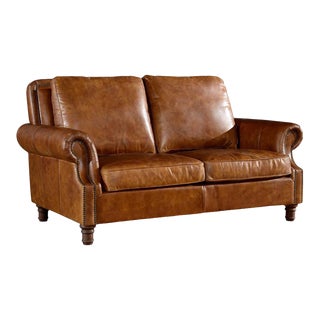 Crafters and Weavers Light Brown Leather English Rolled Arm Love Seat For Sale