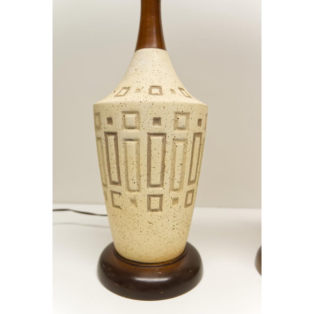 Mid 20th Century Mid Twentieth Century Modern Table Lamps Ceramic and Walnut - a Pair For Sale - Image 5 of 9