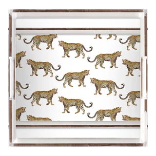 White & Gold Cheetah Lucite Tray For Sale