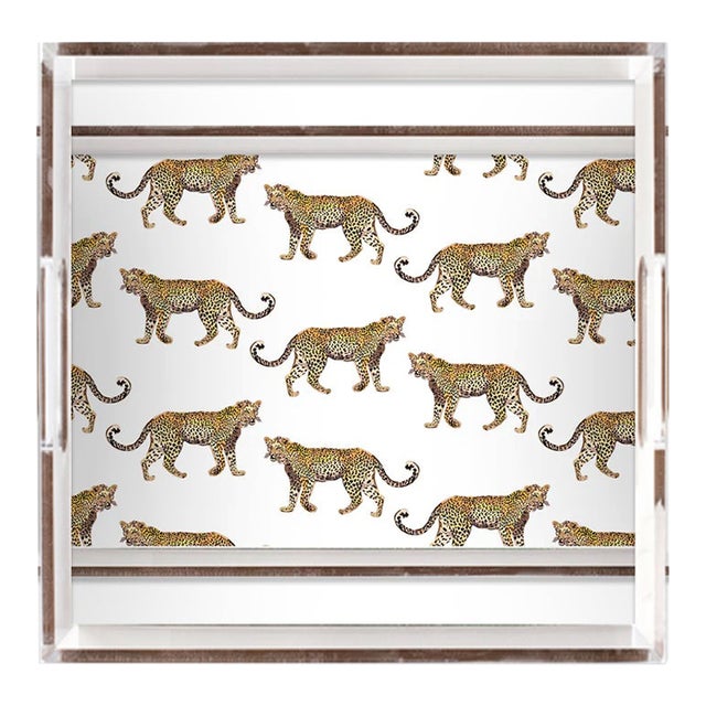 White & Gold Cheetah Lucite Tray For Sale