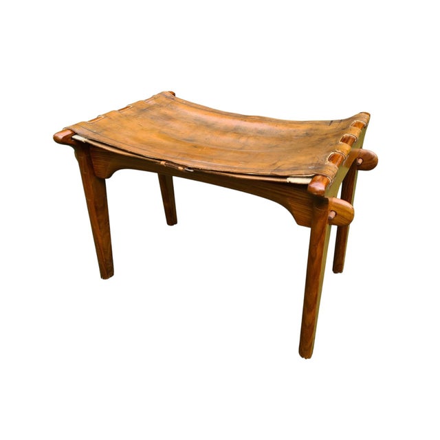 Vintage Stool in Natural Leather and Wood by M. Hayat & Bros., 1960s For Sale - Image 11 of 11