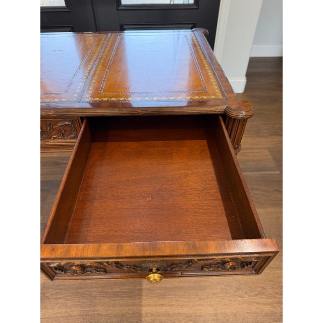 1980s Maitland-Smith Carved Mahogany Leather Top Writing Desk For Sale - Image 6 of 16