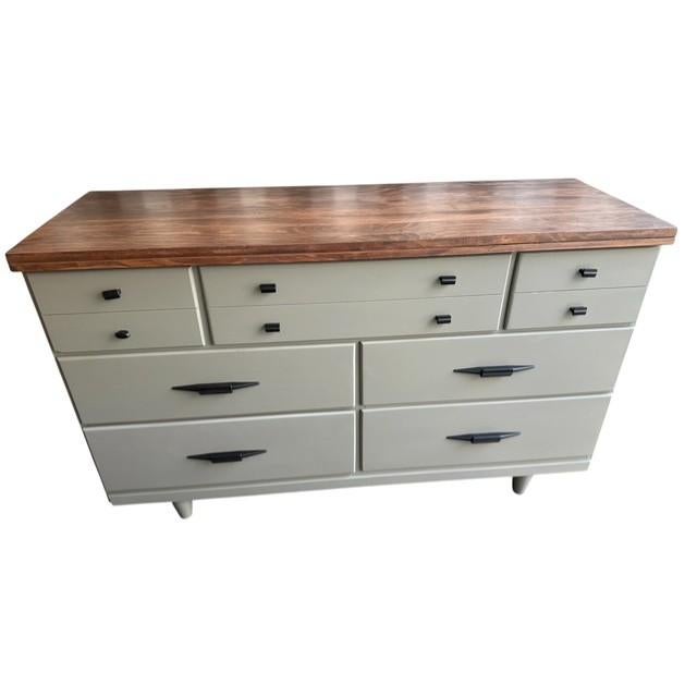 1960s Mid-Century Modern Walnut & Sage Green Lowboy Dresser Professionally Refinished For Sale - Image 5 of 8