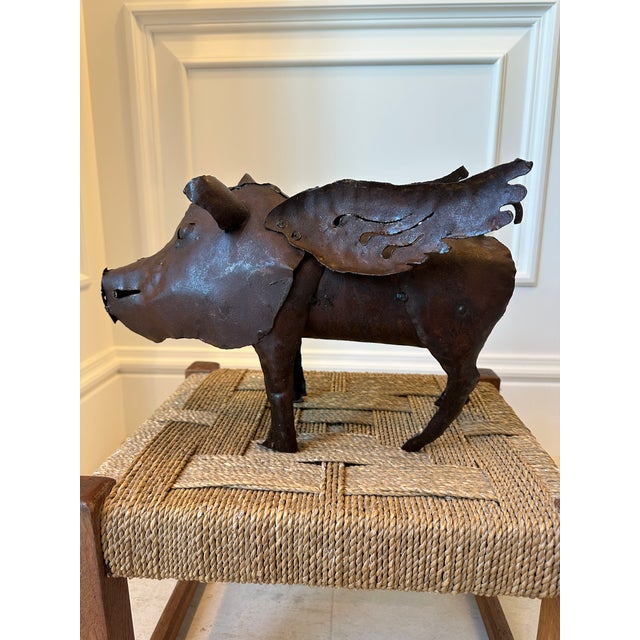 Rustic Vintage Brutalist Metal Winged Pig Garden Sculpture For Sale - Image 3 of 13