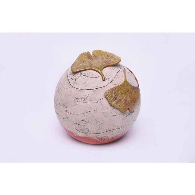 Contemporary Round Ceramic Urn with Ginkgo Leaves by Heidi Hartmann For Sale - Image 3 of 3