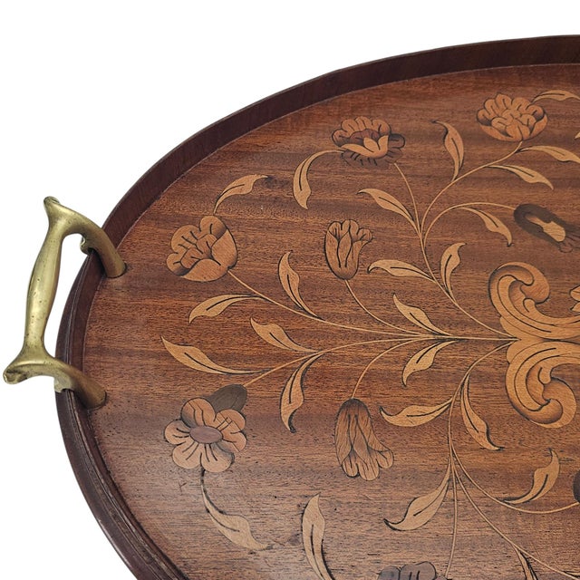 Monumental English Butler's Gallery Tray Edwardian Ornate Inlay Mahogany 27" For Sale In San Francisco - Image 6 of 14
