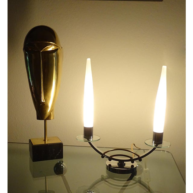Pair of french art deco table lamps, chrome, glass and brass, opaline glass shade dimensions: h 13 in. X w 13.78 in. X d...