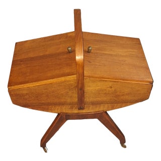 Mid-Century German Sewing Table on Casters in Walnut with Removable Oak Inserts, 1960s For Sale