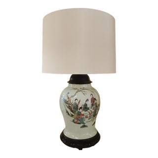 Vintage Chinese Porcelain Figural Table Lamp With Silk Drum Shade For Sale