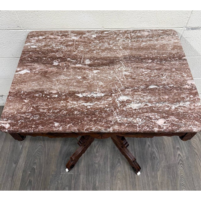 Victorian Antique Victorian Eastlake Marble Top Walnut Parlor Table For Sale - Image 3 of 14
