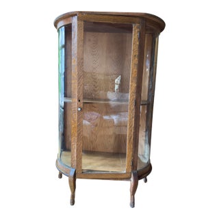 Antique American Oak Curved Glass China Cabinet, Late Victorian / Edwardian For Sale