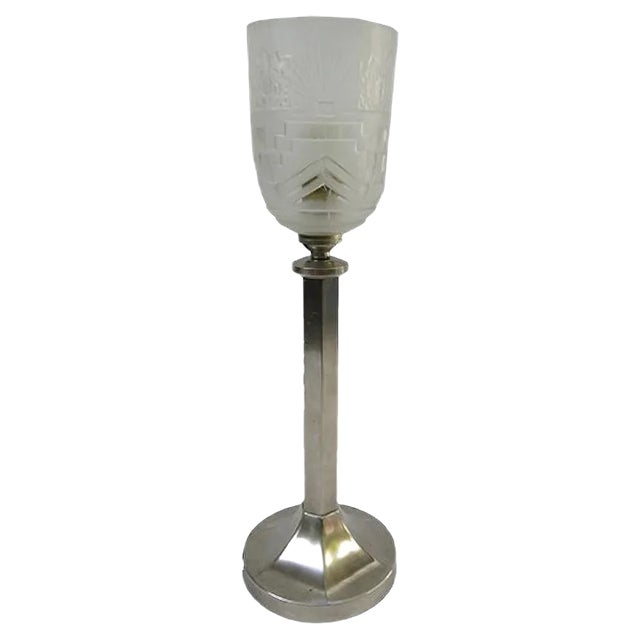 Vintage Art Deco Nickel-plated & Frosted Glass Table Lamp For Sale