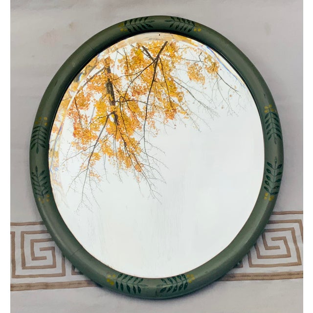 Glass Vintage 1930s Beveled Oval Mirror Hand Painted Naive Folk Art Frame For Sale - Image 7 of 12