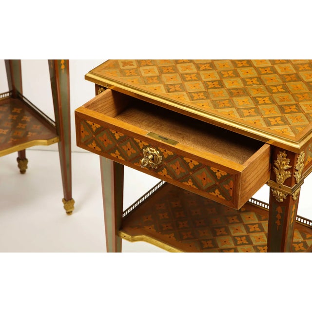 Exceptional Pair of French Ormolu-Mounted Parquetry and Marquetry Side Tables For Sale - Image 12 of 17