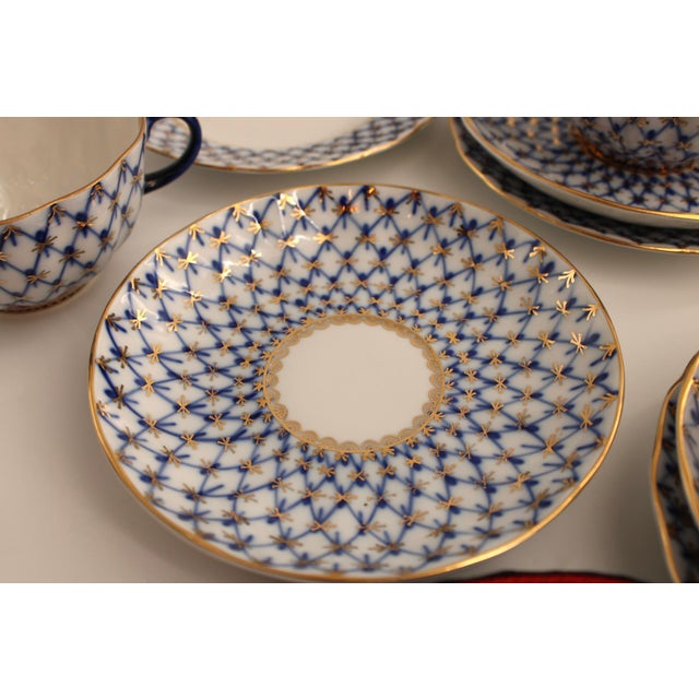 1980s Lomonosov Imperial Cobalt Net Porcelain Tea Set 30 Pcs, 10 Trios For Sale - Image 13 of 14