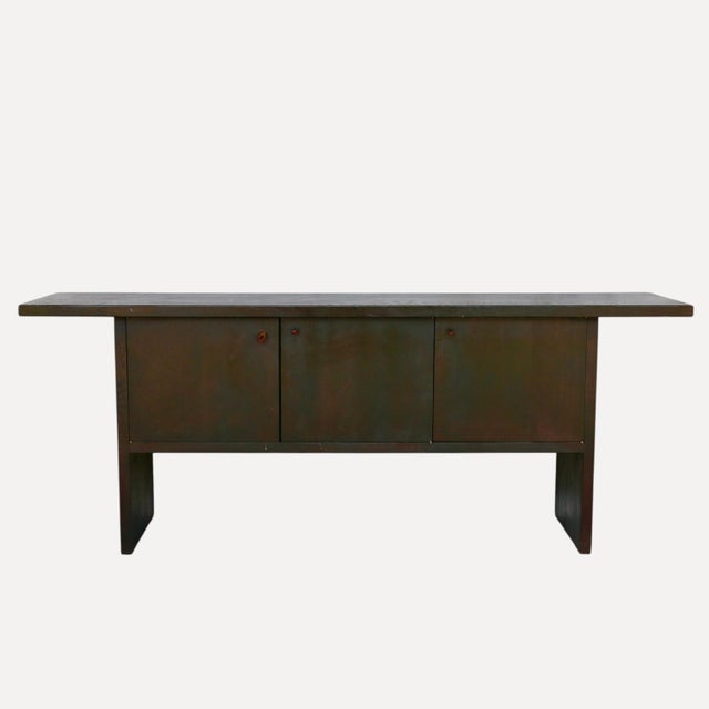Large Dark-Stained Oak Sideboard with Overhanging Top and 3 Large Doors with Leather Straps, France, 1950s For Sale - Image 13 of 13