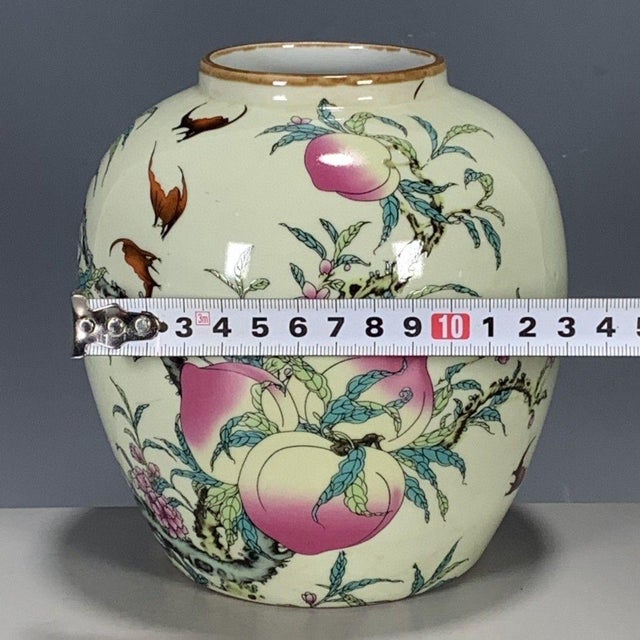 Vintage Chinese Celadon Famille Rose "Peaches & Bats" Jar With Marchant London Label For Sale In Los Angeles - Image 6 of 9