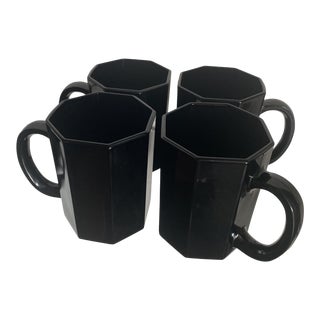 1980s Arcoroc France Black Octime Octagon Cup/Mugs - Set of 4 For Sale