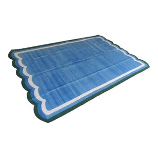 Handmade Woolen Scalloped Rug, Blue With Cream and Green Border 8'x10' For Sale