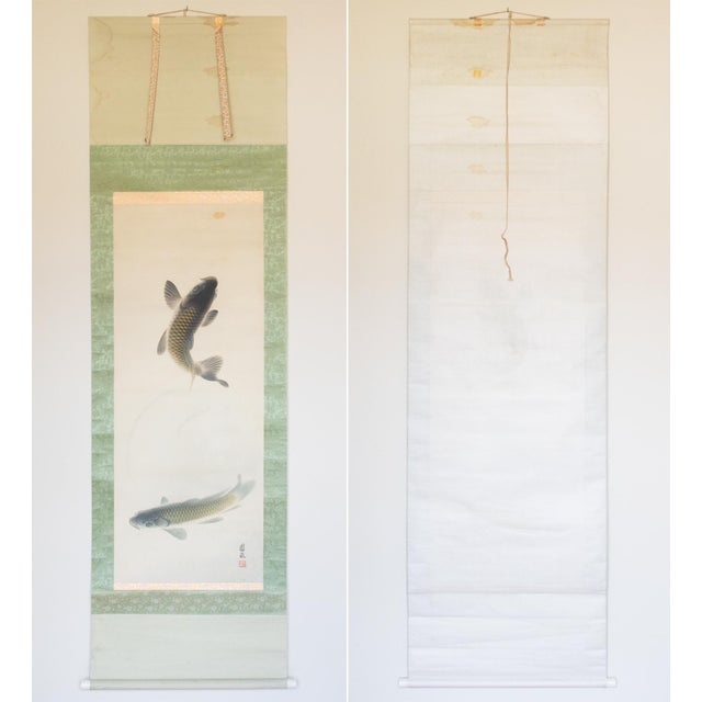 "Leaping Carp", Early Showa Era Japanese Silk Scroll Painting For Sale - Image 17 of 18