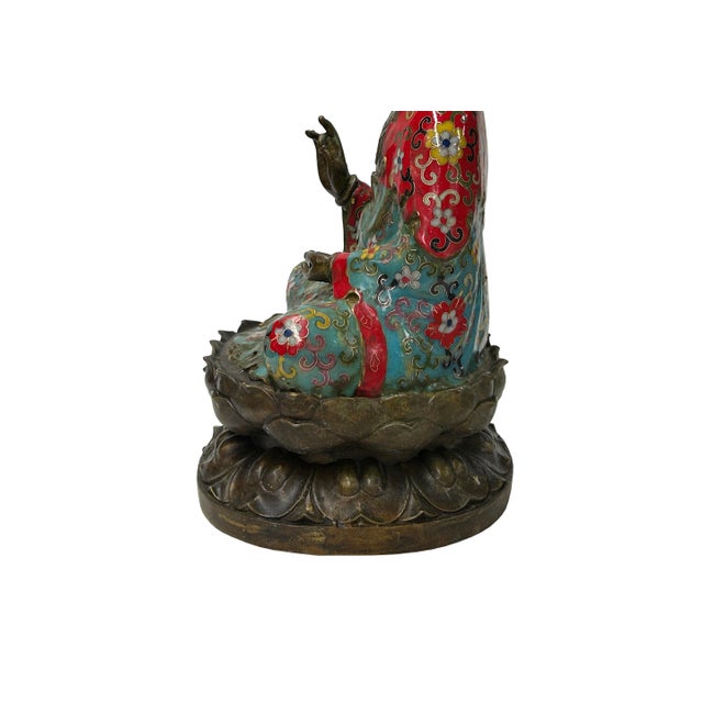 Vintage Cloisonne Enamel Lotus Base Bodhisattva Metal Buddha Statue For Sale - Image 16 of 16