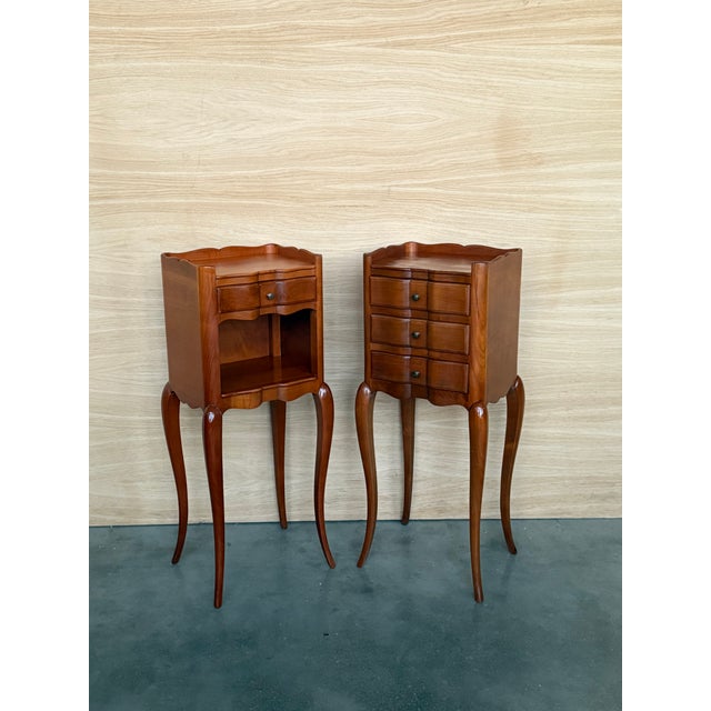 Pair of French Walnut Narrow Bedside Tables With Three Drawers For Sale - Image 11 of 17