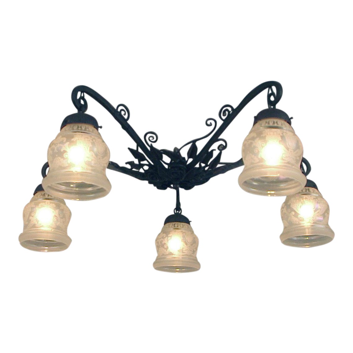 French Wrought Iron Flush Mount Ceiling Fixture With Iridescent