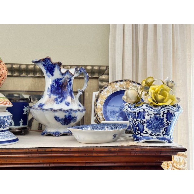 English Antique Made in England Flow Blue Large Scale Pitcher For Sale - Image 3 of 16