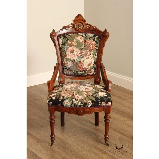 Antique Renaissance Revival Pair of Carved Walnut Armchairs For Sale - Image 12 of 13