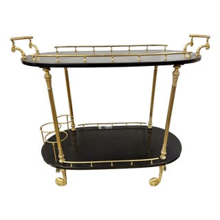 Mid Century Brass and Black Lacquered Aldo Tura Two-Tier Bar Cart M/I Italy For Sale