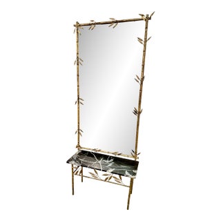 Italian Gilt Bamboo Mirror With Black Marble Console and Leaf Motif, Mid-Century Design For Sale
