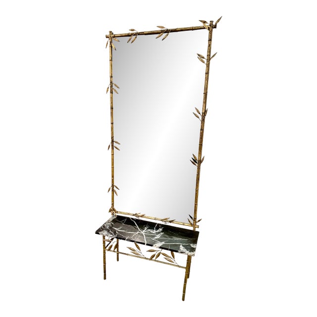 Italian Gilt Bamboo Mirror With Black Marble Console and Leaf Motif, Mid-Century Design For Sale