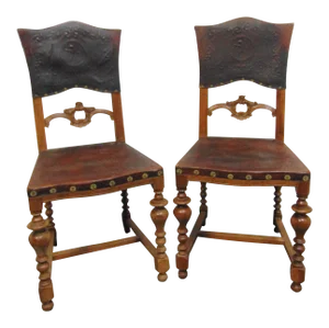 Italian Renaissance Style Embossed Leather Walnut Chairs - a Pair