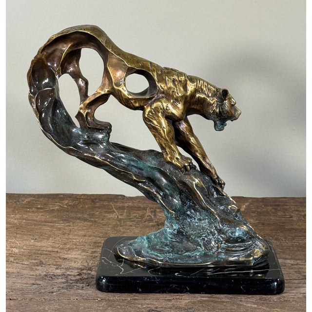 Metal Vintage Art Deco Style Bronze Tiger Sculpture on Marble Base For Sale - Image 7 of 11