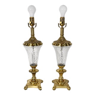 Vintage Stiffel Neoclassical Brass & Cut Crystal Urn Lamps - A Pair For Sale