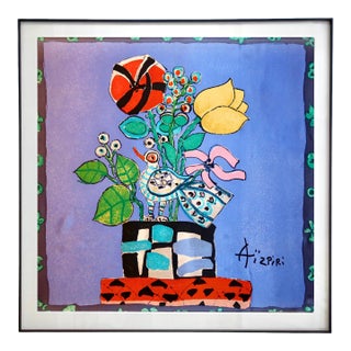 Framed Paul Aïzpiri Silk Scarf "Bouquet De Fleurs" 1989 - Midnight Black Frame For Sale