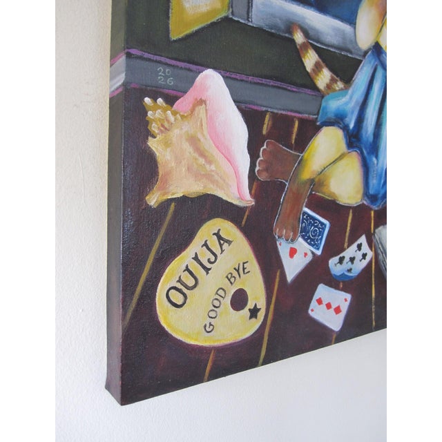 Contemporary Bedtime Story by Zoa Ace | Oil on canvas Cat reading a book by a window with stars and a Ouija board. For Sale - Image 3 of 5