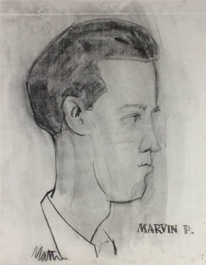 Rip Matteson "Marvin P." Monochromatic Portrait Illustration of a Man in Charcoal, Circa 1945 Circa 1945