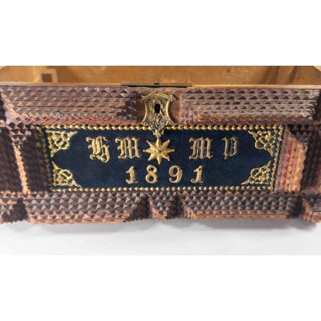 19th Century American Folk Art Tramp Art Casket Box With 1891 Date For Sale - Image 9 of 13