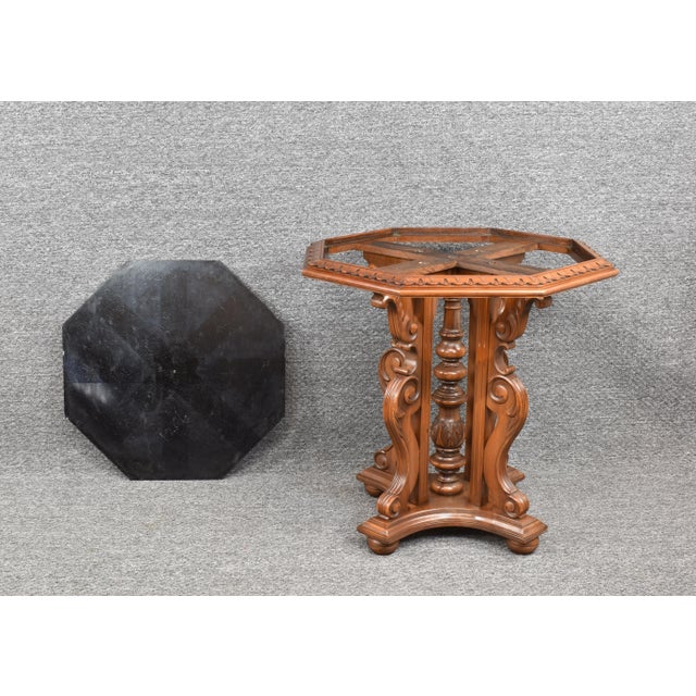 Italian Gueridon Carved Scrolling Legs Hexagonal Walnut Base Italian "Nero Portoro" Marble Top Table For Sale - Image 4 of 11