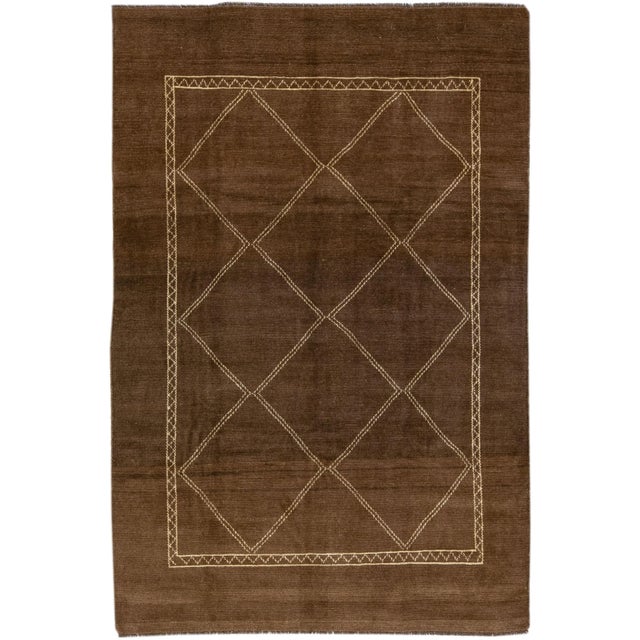 Brown Modern Moroccan Style Brown Handmade Tribal Wool Rug For Sale - Image 8 of 8