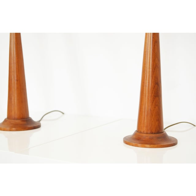 Wood Vintage French Wood Baluster Table Lamps with Pleated Orange Shades, 1960s, Set of 2 For Sale - Image 7 of 13