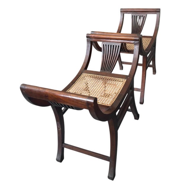 English A Pair of Vintage Anglo-Indian Mahogany and Cane Curule Accent Stools For Sale - Image 3 of 12