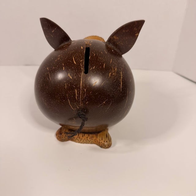 Handmade Coconut Shell Piggy Bank Carved Wood Rustic Tropical Folk Art Decor Pig Folk Art For Sale - Image 4 of 11