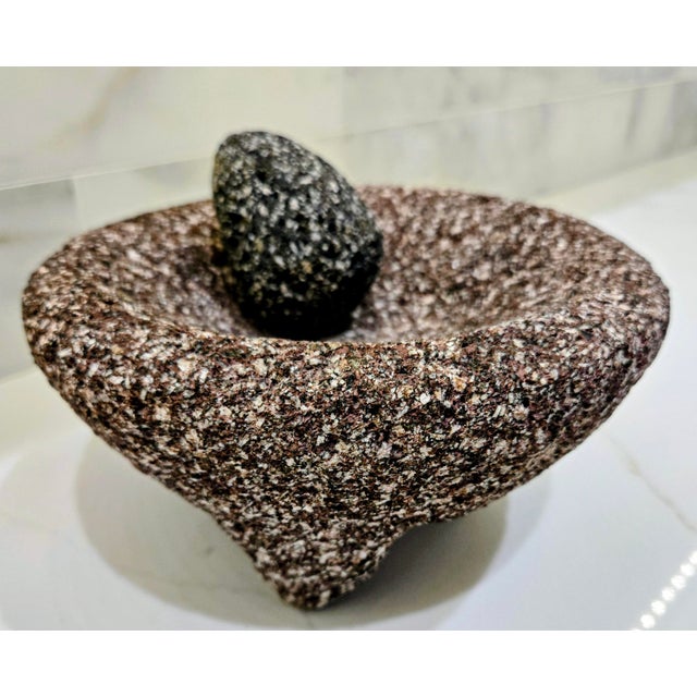 Mexican Vintage Mexican Basalt Molcajete Mortar and Pestle – Hand-Carved Volcanic Lava Stone Grinder, Three-Leg Bowl, Rustic Kitchen Decor For Sale - Image 3 of 8