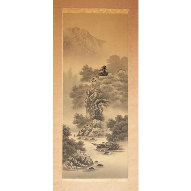 Large antique Japanese silk scroll ink painting depicts a mountain landscape with river and a house. Signed and sealed:...