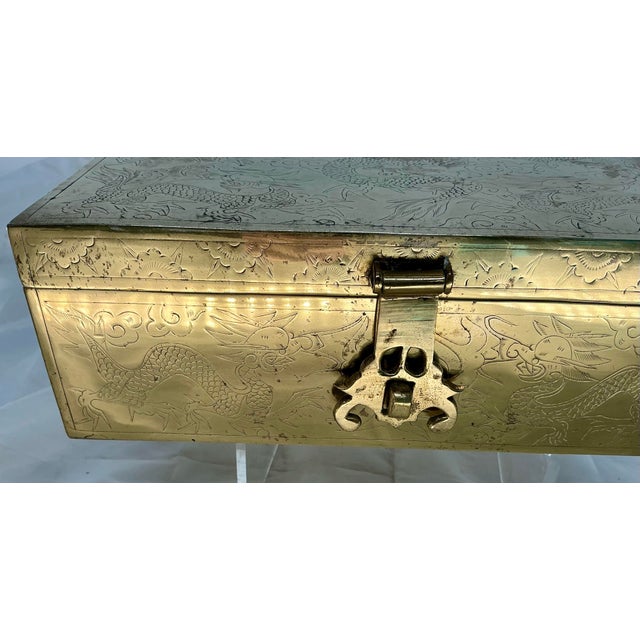 Antique Chinese Brass Dragon Engraved Jewelry or Document Box For Sale - Image 9 of 12