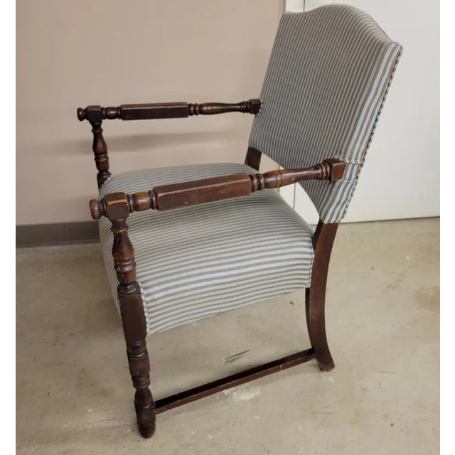 Early 20th Century Vintage English Open Wooden Arm Chair in Stripped Tan and Light Blue Upholstery For Sale - Image 5 of 8