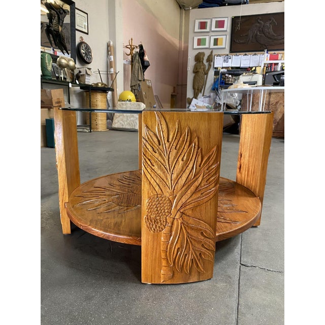 Mid 20th Century Restored Hand Carved Palm Pattern Koa Wood Coffee