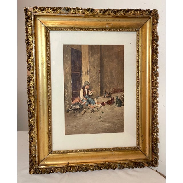 19th Century Share Antique 1800's G Guerrini Original Gouache Watercolor Poor Boy Animals Painting For Sale - Image 5 of 13